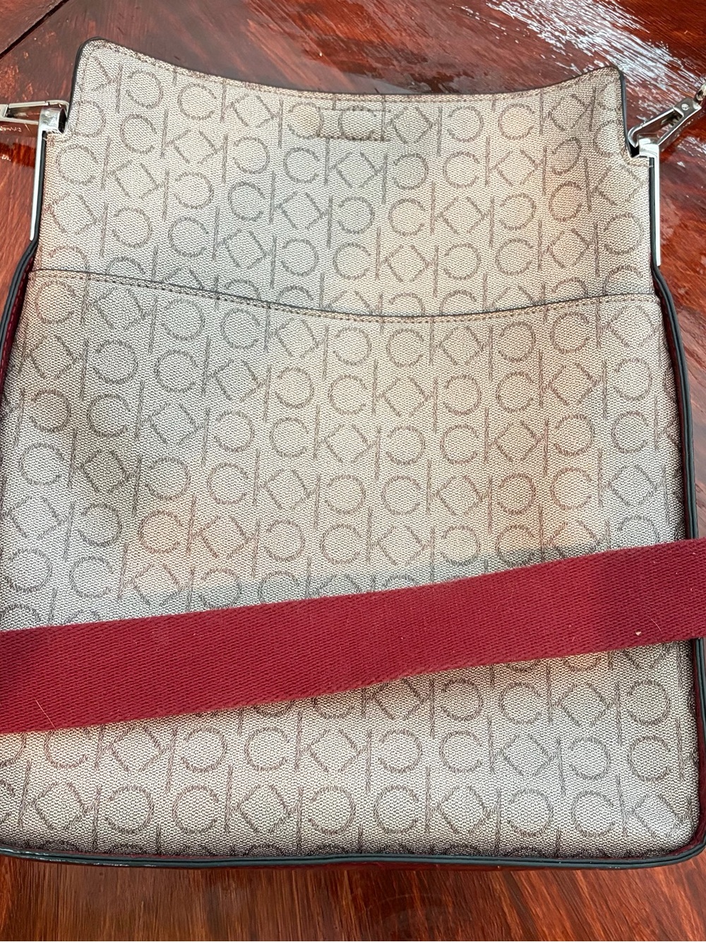 Calvin Klein Signature Canvas Crossbody with Burgundy Strap